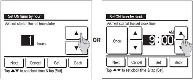 wired controller screen showing set timer by clock and by hour