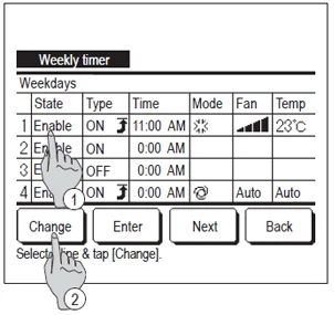 wired controller showing how to set weekly timer step 2