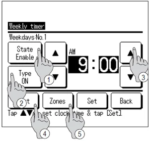 wired controller showing how to set weekly timer step 3