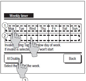 wired controller showing how to set weekly timer for individual days