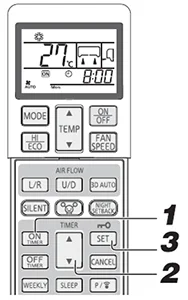 wireless remote control showing steps to activate ON timer