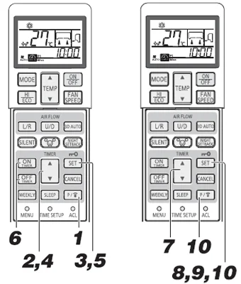 wireless remote control showing steps to set weekly timer