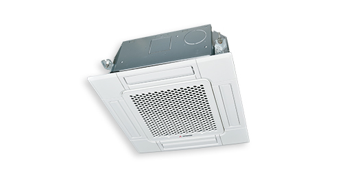 Ceiling cassette indoor unit heat pump designed for commercial applications on white background.