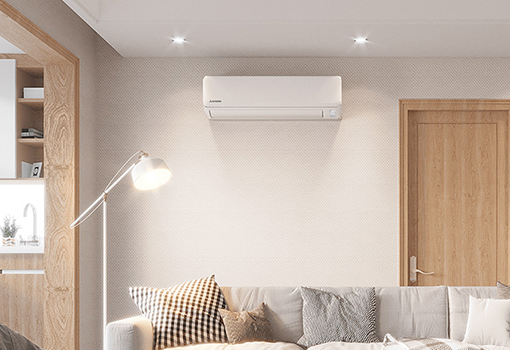 Ciara wall mounted split system heat pump in light, modern living room